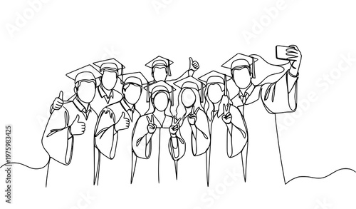Continuous line group of graduates posing for photo illustration graduation people line art vector