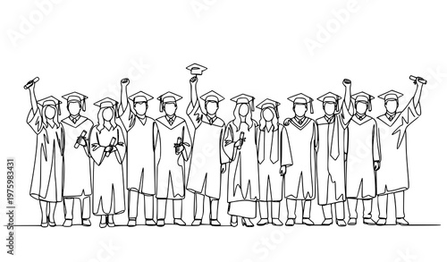Continuous one line group of graduates celebration illustration minimalist graduation people line art vector