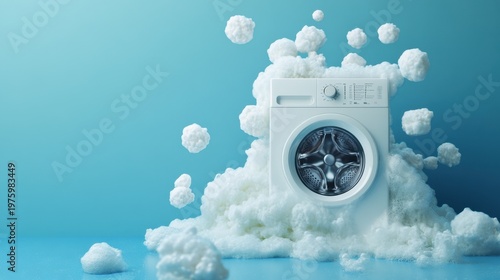 Washing machine foam bubbles blue minimal laundry cleaning concept