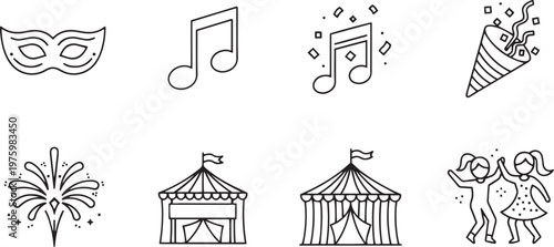 Black and white carnival including mask music notes fireworks tent and people