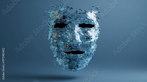 Abstract Mask Impression: A unique, fragmented mask with an emotive face, crafted from an ethereal assembly, against a soft, subtle backdrop.