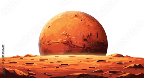 Vivid Martian landscape illustration with the red planet majestically rising above the cratered surface