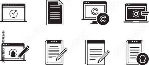 Black and white line of computers and documents with editing and security symbols line black and white