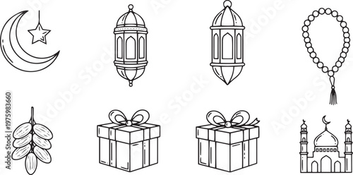 Black and white line of islamic ramadan symbols and gifts presents