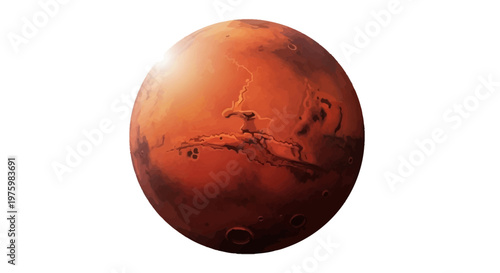 Vibrant Red Planet Mars Illustration with Glistening Light Across its Rugged Surface
