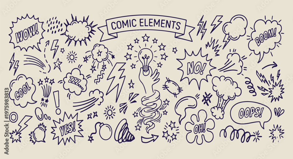Fototapeta premium comic energy and flash doodles, aesthetic lightning bolt sketches, creative action element art, hand drawn comic icon set, minimal energy line drawings, scrapbook pop art doodle set, whimsical power d