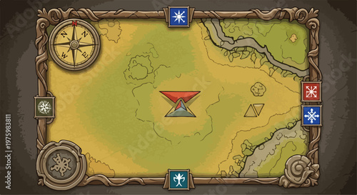 Fantasy world map interface with ornate wooden frame and compass, medieval adventure game UI vector, vintage parchment treasure map with quest icons and navigation symbols isolated PNG with