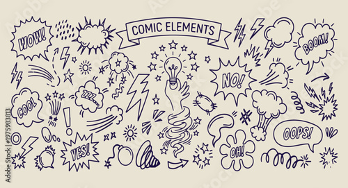 comic energy and flash doodles, aesthetic lightning bolt sketches, creative action element art, hand drawn comic icon set, minimal energy line drawings, scrapbook pop art doodle set, whimsical power d