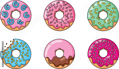Colorful Donut Collection with Icing, Sprinkles, and Toppings for Bakery, Dessert, and Sweet Food Vector Illustration Designs