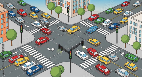 Busy City Intersection with Numerous Cars and Pedestrian Crossings.