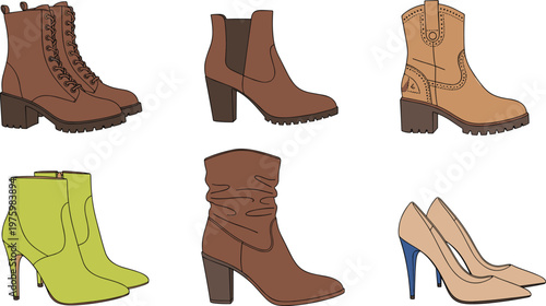 Women Fashion Footwear Collection with Boots and High Heels for Stylish Outfit, Trendy Apparel, and Shoe Design Vector Illustration