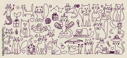 funny cat and space doodles, aesthetic kitten and star sketches, hand drawn celestial cat art, creative whimsical animal drawings, minimal cat lover line art, scrapbook space cat element set, cute ani