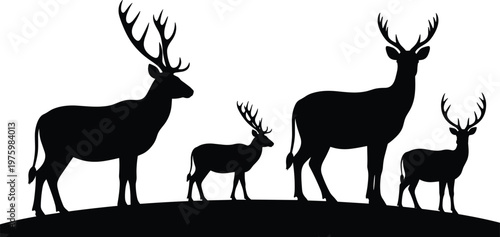 Deer silhouette family scene with stag doe and fawn standing together wildlife nature black vector illustration design