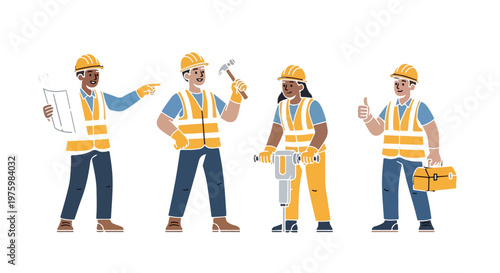Construction workers set with diverse builders in safety vests and hard hats. Professional industrial team characters with tools and blueprints. Civil engineering vector. isolated PNG with
