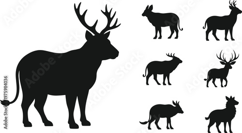 Deer silhouette icon set featuring stag buck wildlife animal black vector collection for nature design and outdoor projects