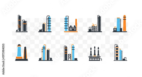 Oil Refinery Plant Icons - Industrial Structures and Petrochemical Processing.