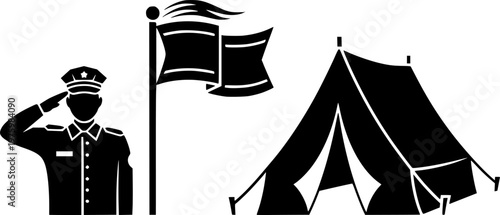 Military service and patriotic army camp icon set featuring simple black silhouettes of a saluting soldier a waving flag and a tent – Black and White Vector Illustration