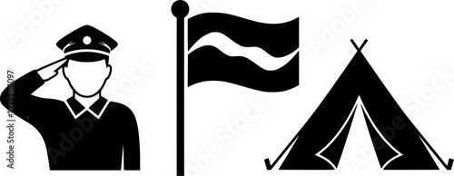 Military service and patriotic army camp icon set featuring simple black silhouettes of a saluting soldier a waving flag and a tent – Black and White Vector Illustration