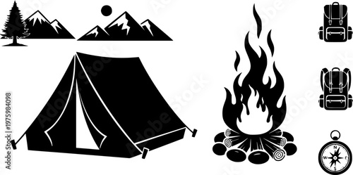 Outdoor adventure and nature recreation icon set featuring simple black silhouettes of a camping tent and a burning campfire – Black and White Vector Illustration