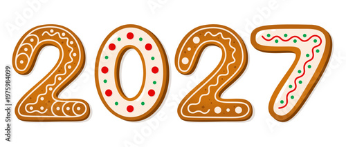 2027 gingerbread cookies with colorful icing. New Year banner with vibrant numbers. Winter holiday or dessert theme vector illustration.