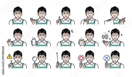 エプロン姿の男性スタッフのビジネス向け表情アイコンセット