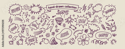 hand drawn comic elements, aesthetic superhero speech doodles, creative pop art sketches, minimal action word line art, scrapbook comic book stickers, whimsical explosion doodle set, fun comic icon dr