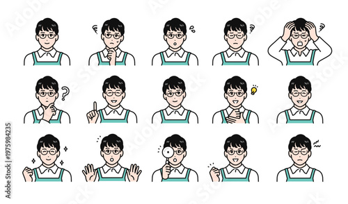 エプロン姿の男性スタッフの様々な表情バリエーションセット