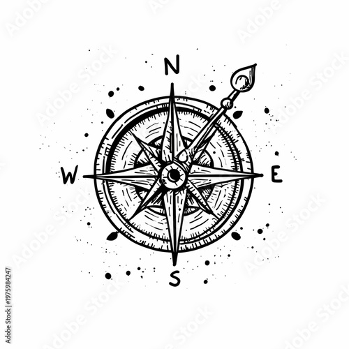 An illustration depicts a detailed compass with directional letters on a speckled background.