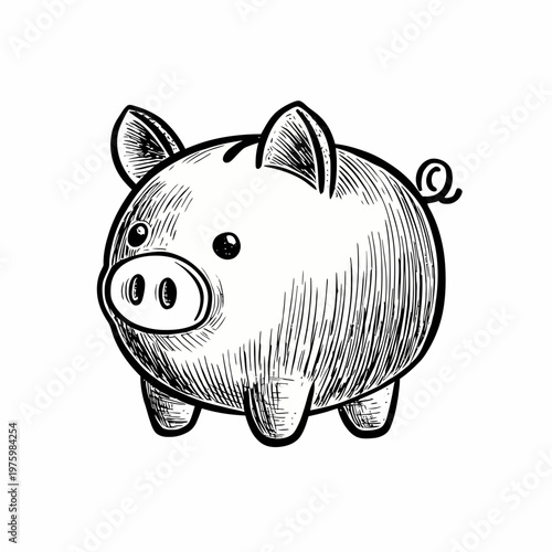 A cartoon piggy bank with a doodle design is shown standing alone