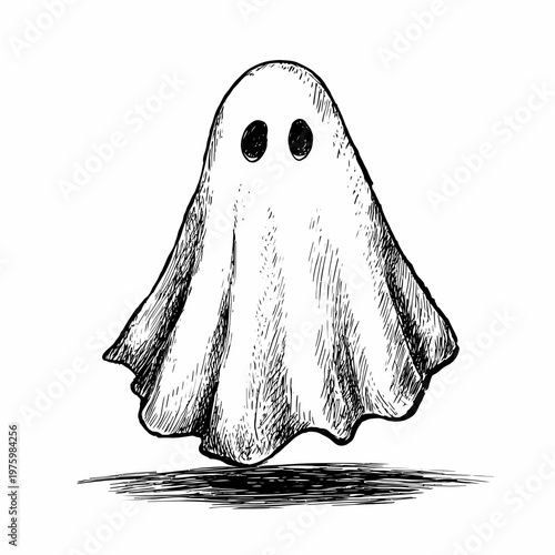 A ghost illustration floats in a spooky environment with a shadow.