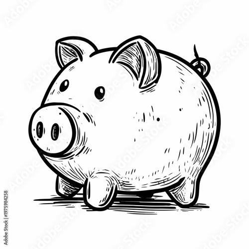 A doodle illustration of a piggy bank savings cartoon with a black outline