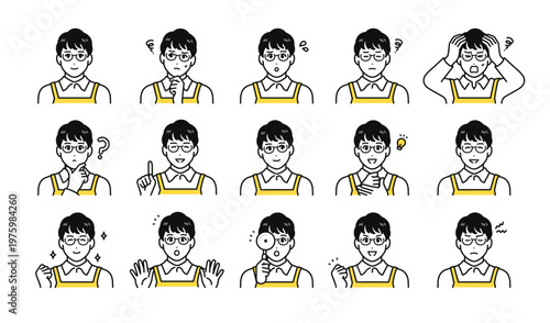 エプロン 男性スタッフ表情バリエーション ベクターアイコンイラスト素材セット