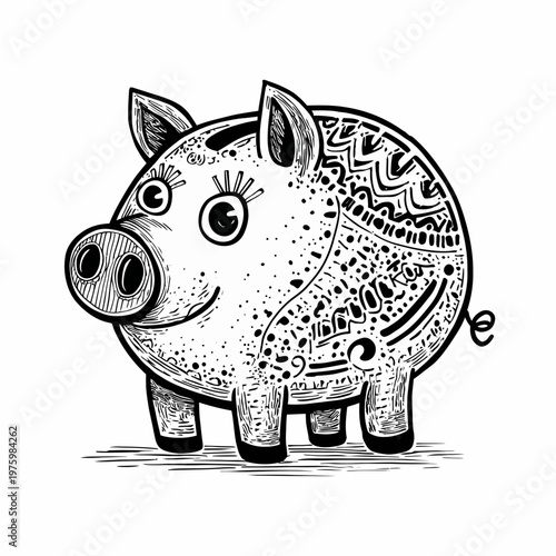 A doodle illustration of a smiling piggy bank with savings cartoon design