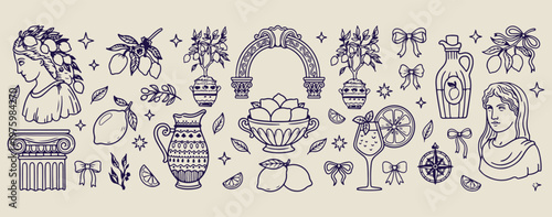 greek column and fruit doodles, aesthetic ancient architecture sketches, hand drawn vase and bowl art, creative Mediterranean element drawings, minimal classical art doodles, scrapbook ancient history