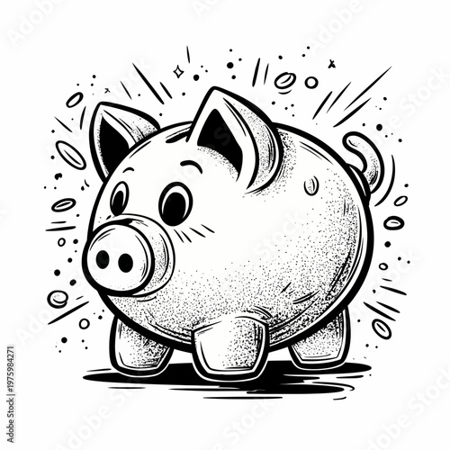 Illustration of a joyful pig cartoon character surrounded by motion lines and confetti