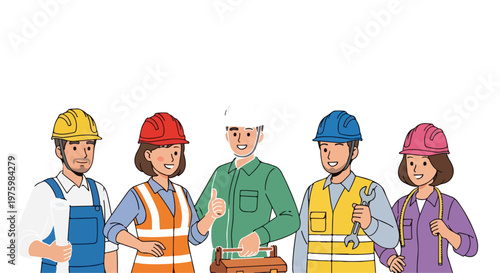 Construction workers team wearing colorful hard hats and safety vests, diverse group of industrial engineers and builders, professional labor workforce vector illustration isolated PNG with