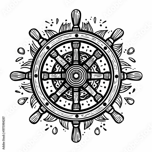 An illustration depicts a nautical ship wheel with decorative elements on a white background.
