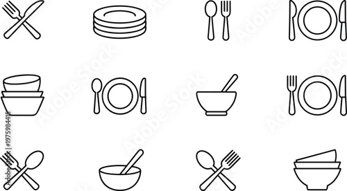 Dining and kitchen utensils icons set with plates bowls cutlery and tableware line vector illustration for restaurant and food service
