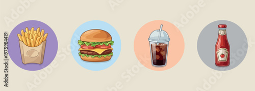 fast food burger and soda, aesthetic hamburger and cola sketches, tasty meal delivery icons, creative junk food doodles, minimal burger and drink art, hand drawn snack illustrations, scrapbook food el