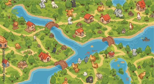 Isometric cartoon village map with cute farm animals and rural houses. Green countryside landscape with winding river and wooden bridges. Hand drawn farm life vector illustration. isolated PNG