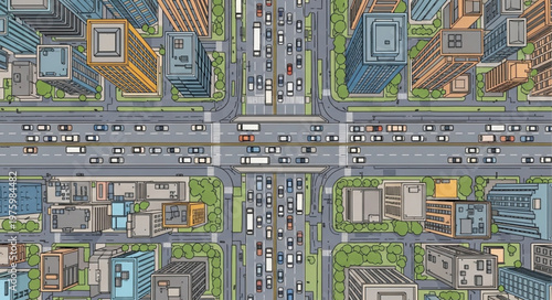 Aerial View of a Busy City Intersection with Heavy Traffic.