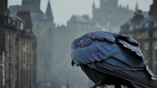Close up of a black raven in the city.