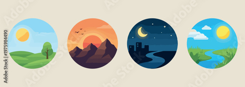 aesthetic sun and moon landscapes, day and night circle art, mountain and river scenery sketches, minimal nature landscape doodles, creative celestial circle drawings, sunset and moonlit night art, sc