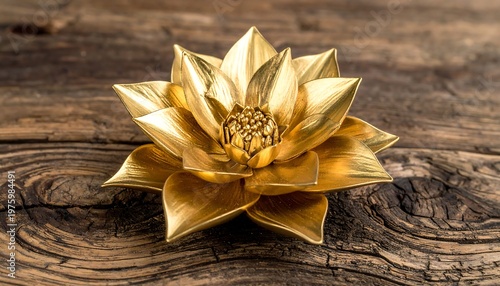 Golden Lotus Flower on Rustic Wooden Surface.