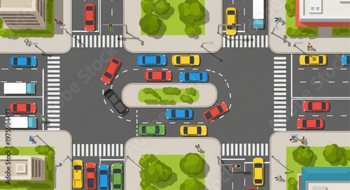Aerial View of a Busy City Intersection with Traffic.