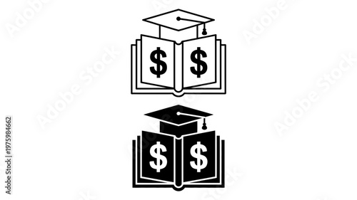 Open book icons with dollar signs and graduation caps symbolizing educational costs and financial investment