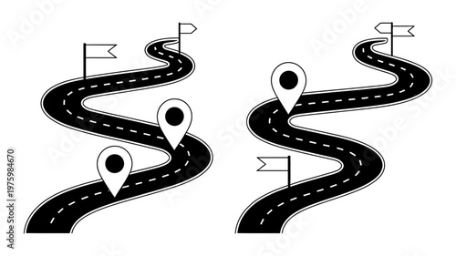 Wavy road designs with map pins and flags illustrating travel routes and destination points clearly