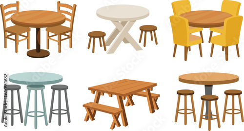 Dining table and chair sets flat vector illustration with various furniture styles for kitchen restaurant and interior design use