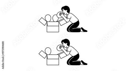 Person kneeling and inflating balloons from a box, illustrating effort and preparation for an event