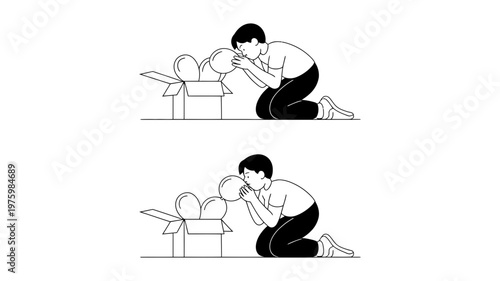 Figure inflating balloons from a box, showing the process of preparation for a festive occasion